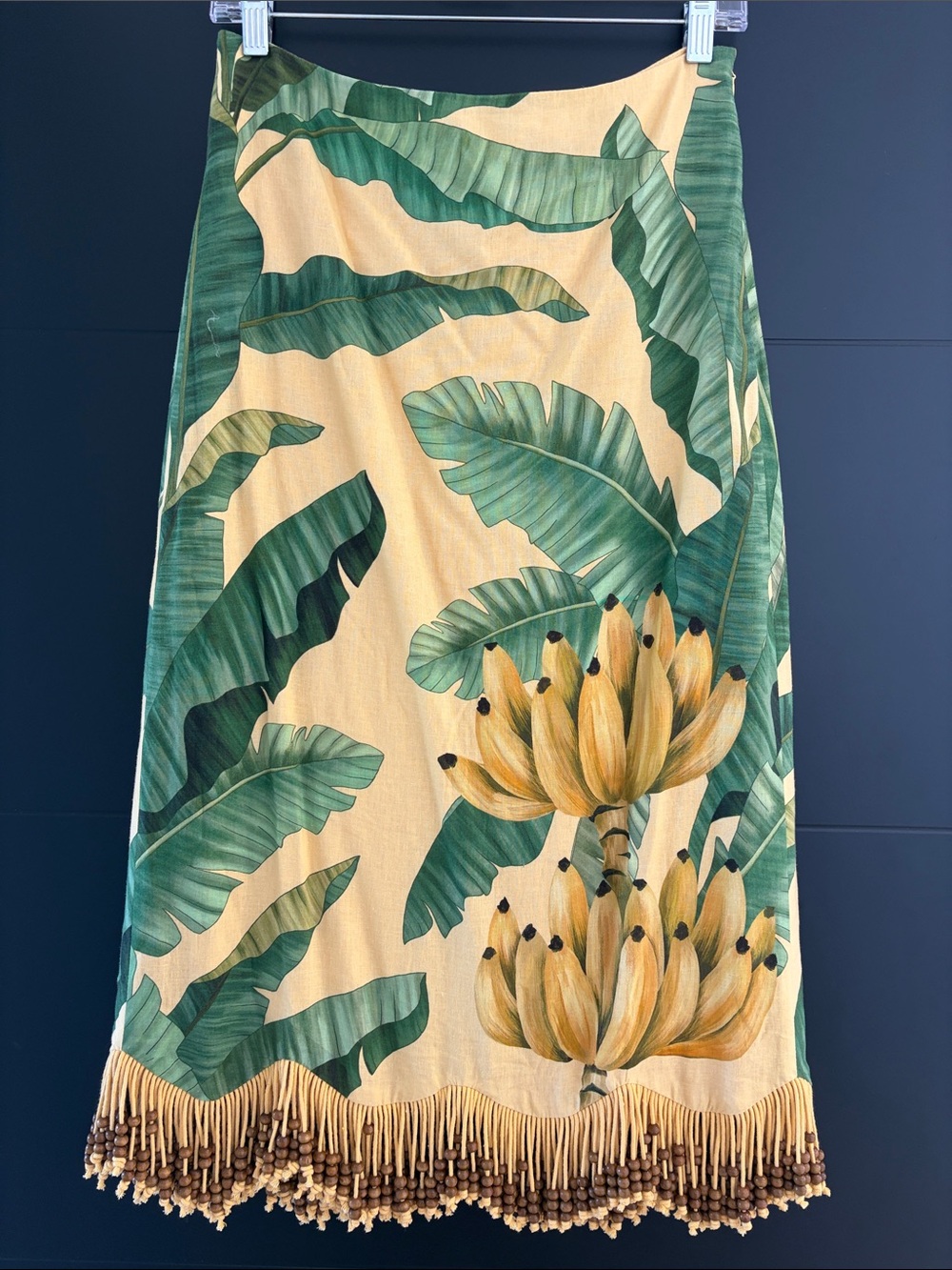 FARM Rio Banana Leaf & Banana Fringe Midi Skirt in Yellow and Green